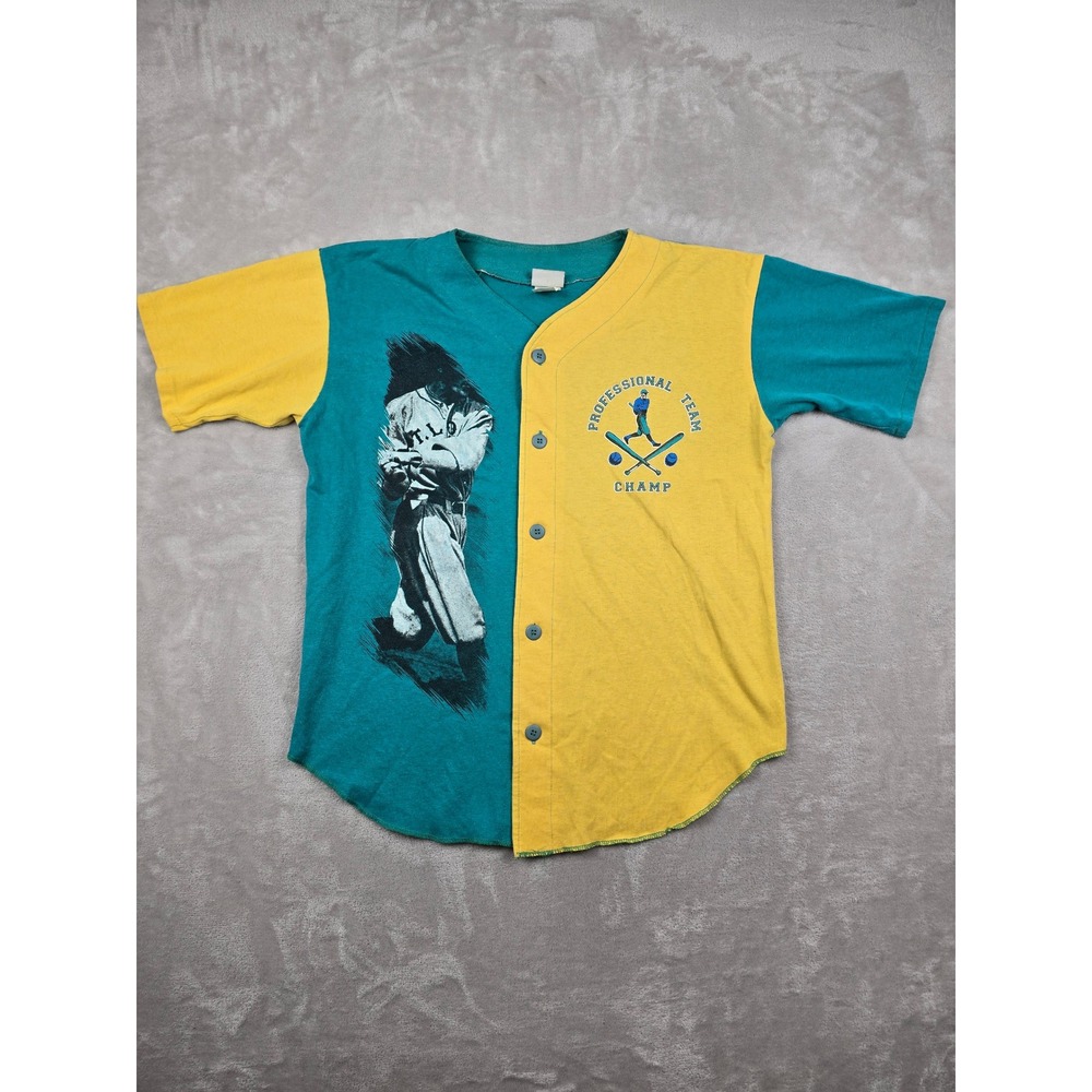 Vintage Athletic Works Baseball Jersey Mens L Teal Yellow Team Champ USA Made